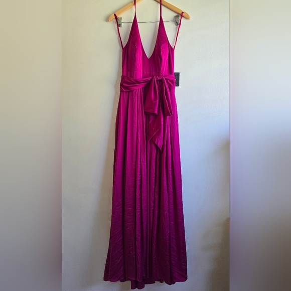 Ieena for Mac Duggal,Charmeuse Halter Strap Soft Tie Waist Gown, Magenta, Size 4 - Picture 3 of 12